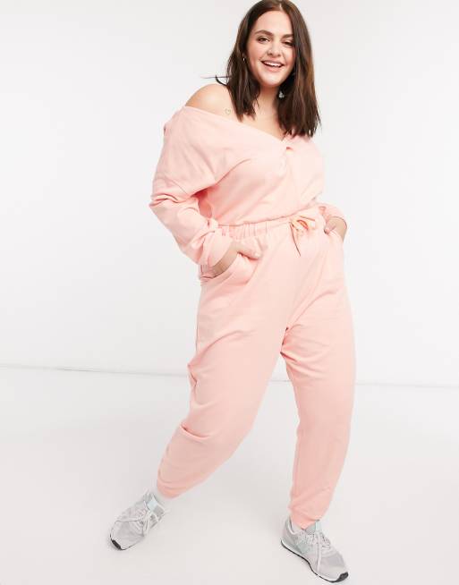 ASOS DESIGN curve lounge jersey off shoulder marl jumpsuit in blush sweat, 4 of 4