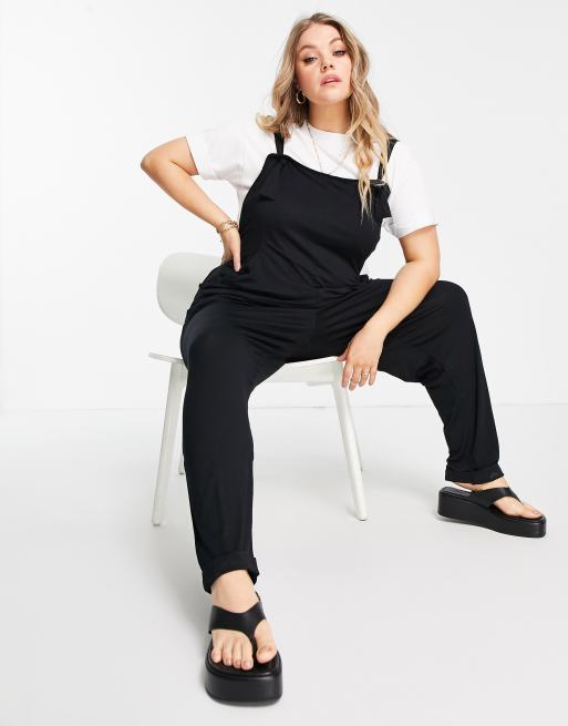 ASOS DESIGN Curve lounge jersey overalls jumpsuit in black, 4 of 4