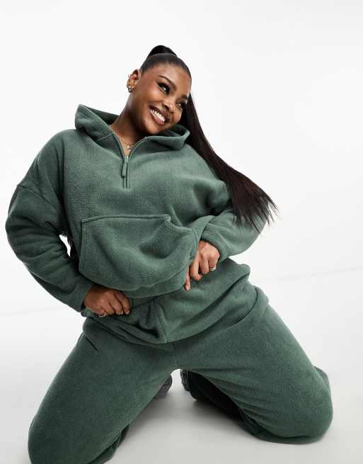 ASOS DESIGN Curve lounge microfleece hoodie wide leg pants set in green