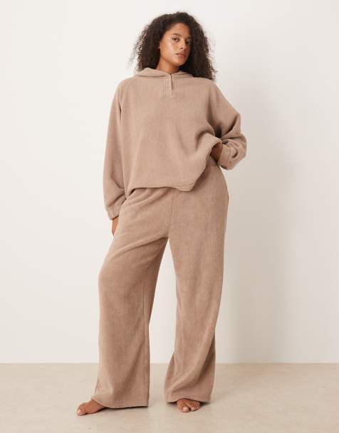 ASOS DESIGN Curve lounge microfleece wide leg pants in taupe - view 1