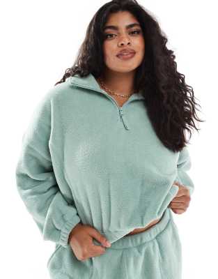 ASOS DESIGN Curve lounge microfleece zip collar sweat in sage-Green