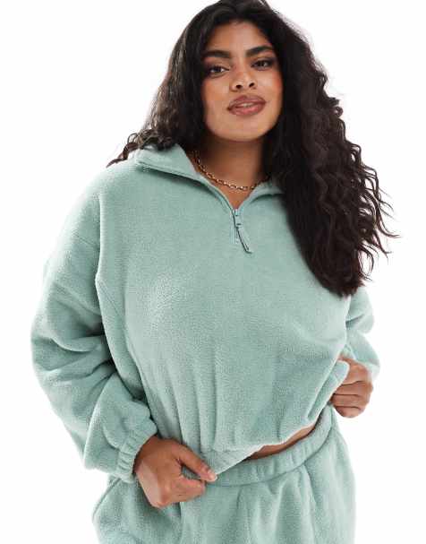 ASOS DESIGN Curve lounge microfleece zip collar sweat in sage - view 1