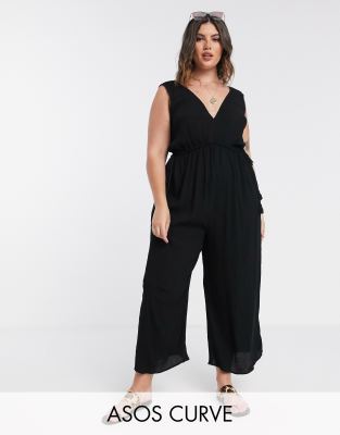 ASOS DESIGN Curve lounge minimal wide leg jumpsuit with rope channel waist in black-Multi