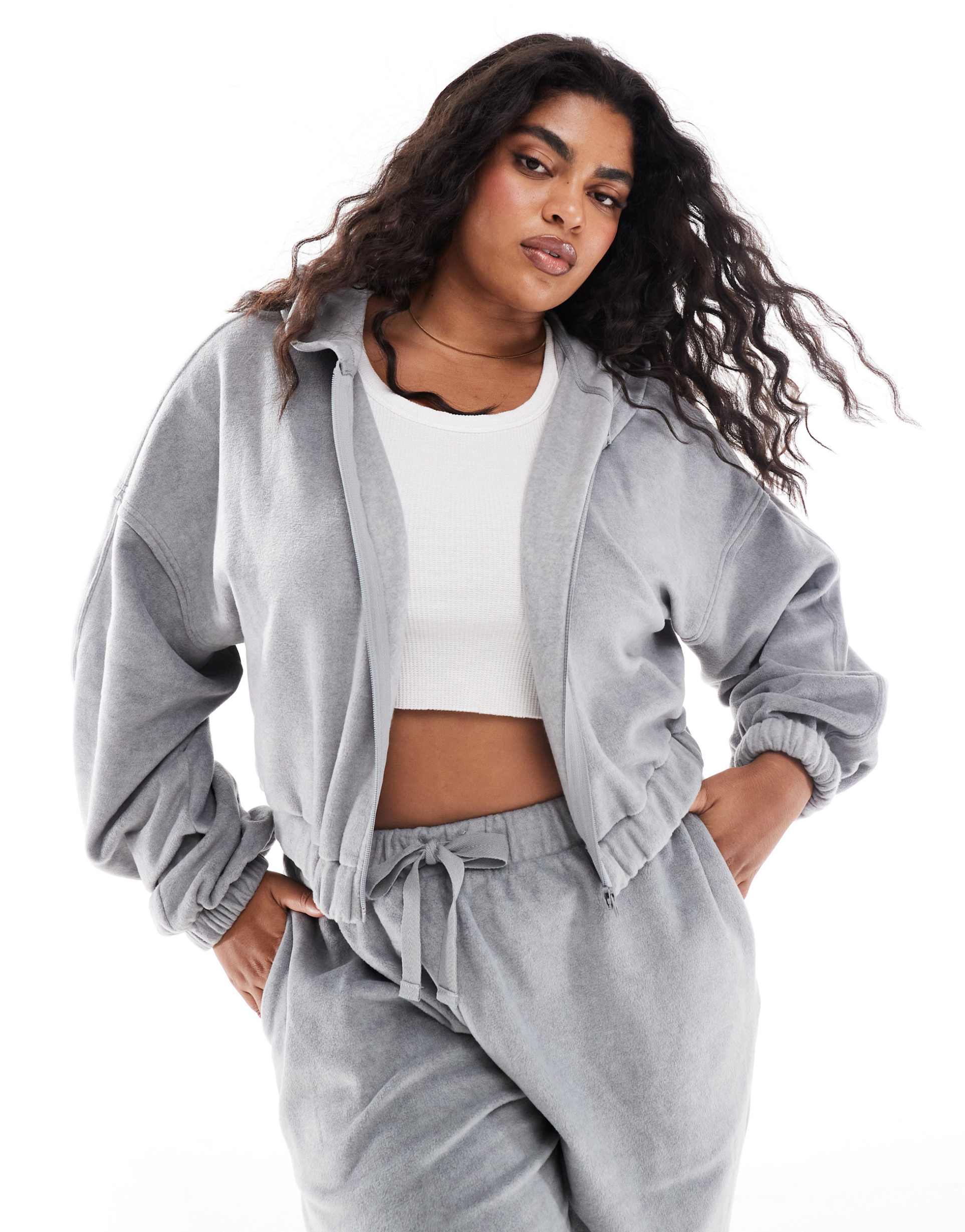 asos design curve lounge mix & match fleece hoodie in light gray