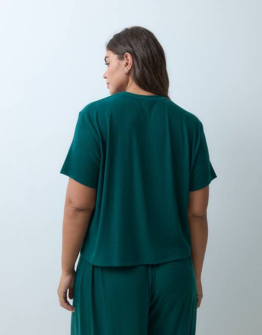 ASOS DESIGN Curve lounge mix & match lounge rib oversized pyjama tee with side split in dark green, 4 of 5