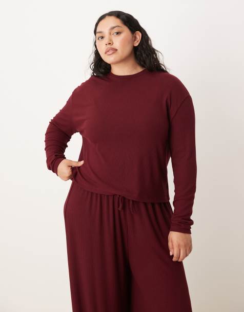 ASOS DESIGN Curve lounge mix & match rib long sleeve top in burgundy - view 1