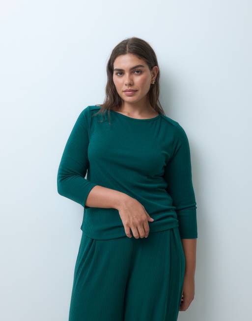 ASOS DESIGN Curve lounge mix & match rib long sleeve top with slash neck in dark green, 3 of 5