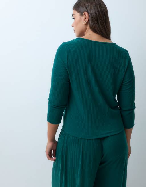 ASOS DESIGN Curve lounge mix & match rib long sleeve top with slash neck in dark green, 4 of 5