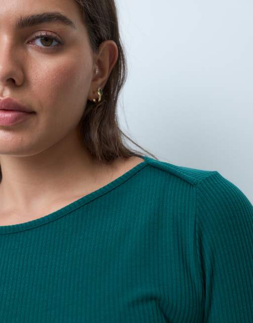 ASOS DESIGN Curve lounge mix & match rib long sleeve top with slash neck in dark green, 5 of 5