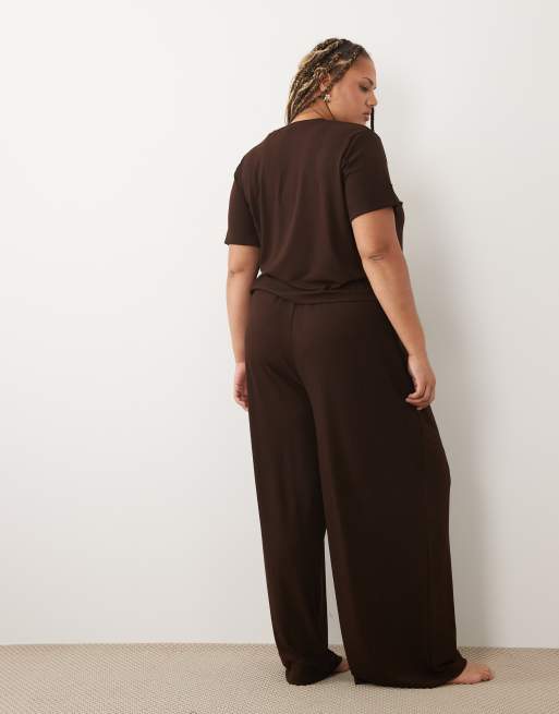 ASOS DESIGN Curve lounge mix & match rib wide leg pajama bottoms in chocolate, 3 of 5