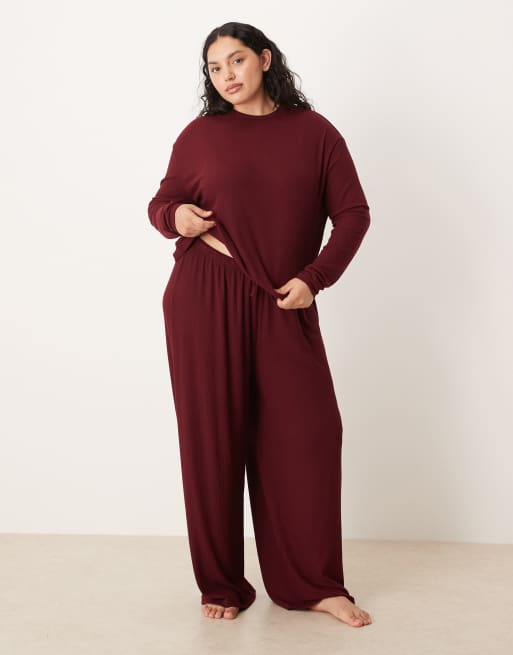 ASOS DESIGN Curve lounge mix & match rib wide leg pants in burgundy