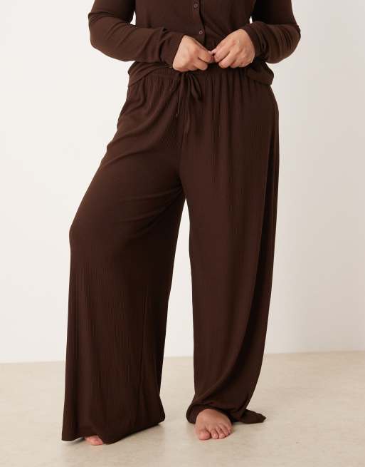 ASOS DESIGN Curve lounge mix & match rib wide leg pants in chocolate brown, 3 of 4