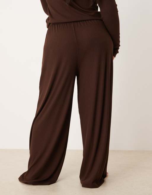 ASOS DESIGN Curve lounge mix & match rib wide leg pants in chocolate brown, 4 of 4