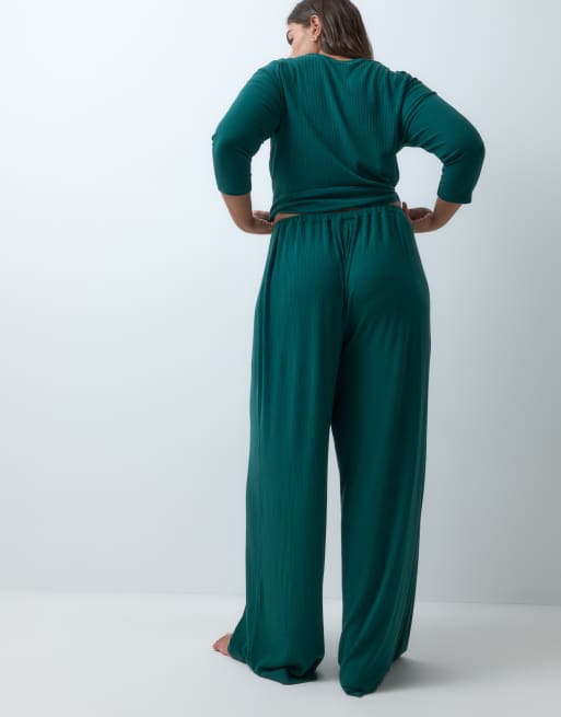 ASOS DESIGN Curve lounge mix & match rib wide leg pyjama bottom in dark green, 2 of 5