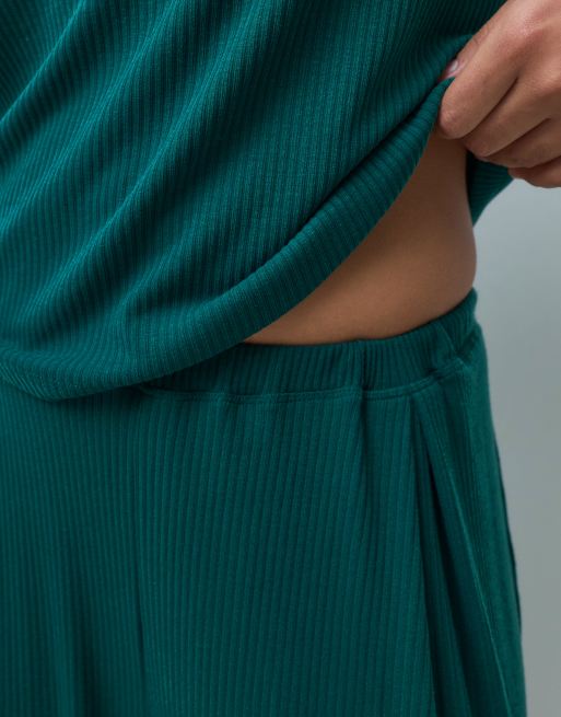 ASOS DESIGN Curve lounge mix & match rib wide leg pyjama bottom in dark green, 5 of 5