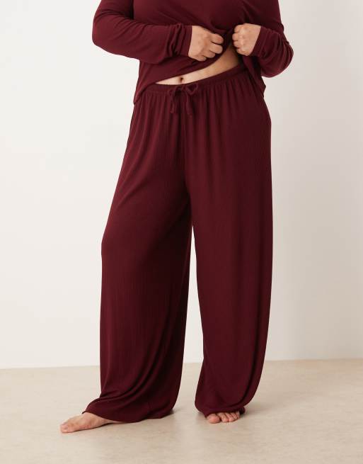 ASOS DESIGN Curve lounge mix & match rib wide leg trouser in burgundy, 2 of 4