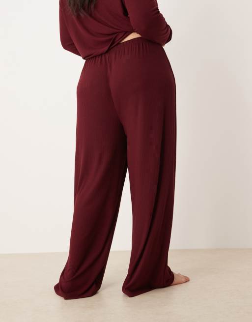 ASOS DESIGN Curve lounge mix & match rib wide leg trouser in burgundy, 3 of 4