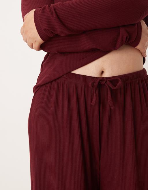 ASOS DESIGN Curve lounge mix & match rib wide leg trouser in burgundy, 4 of 4