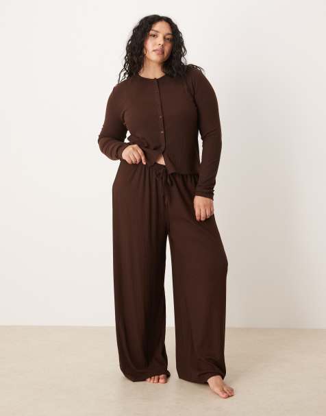 ASOS DESIGN Curve lounge mix & match rib wide leg trouser in chocolate brown - view 1