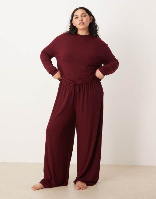 ASOS DESIGN Curve lounge mix & match ribbed long sleeve top in burgundy, 2 of 4