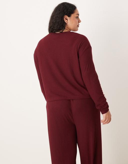 ASOS DESIGN Curve lounge mix & match ribbed long sleeve top in burgundy, 3 of 4