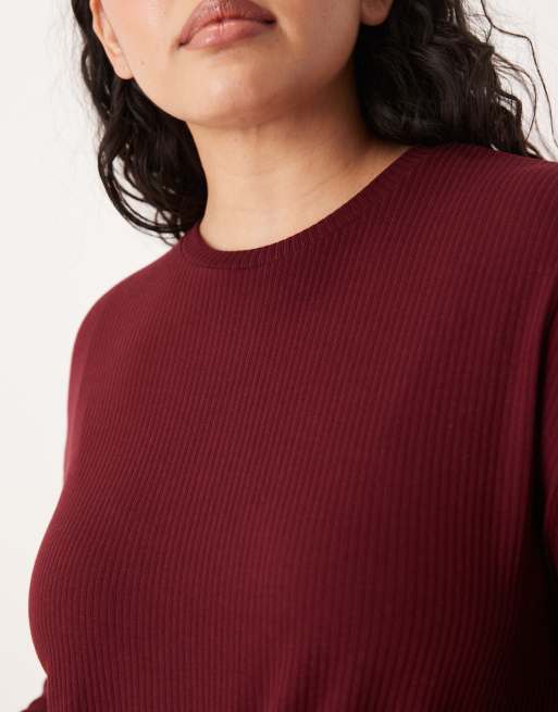 ASOS DESIGN Curve lounge mix & match ribbed long sleeve top in burgundy, 4 of 4
