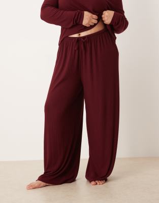 Asos Curve Asos Design Curve Lounge Mix & Match Ribbed Wide Leg Pants In Burgundy