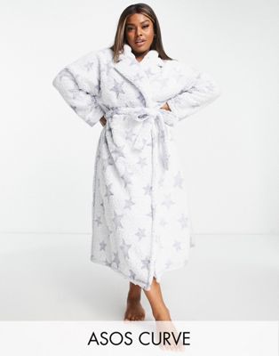 ASOS DESIGN Curve lounge mix & match star bleached borg maxi robe in blue