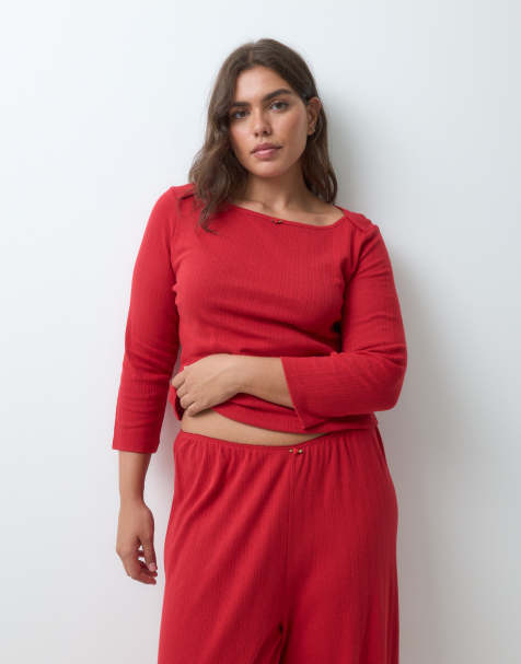 ASOS DESIGN Curve lounge pointelle-top med båtringning och 3/4-ärm i rött - view 1