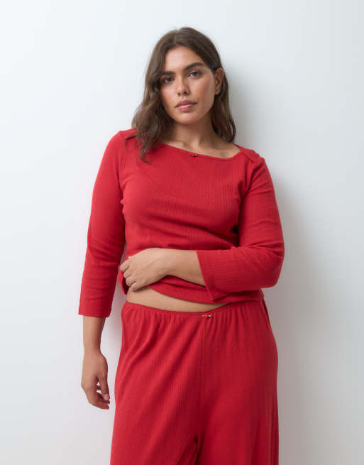 ASOS DESIGN Curve - Ajourgebreide pyjamaset in rood, 3 van 3