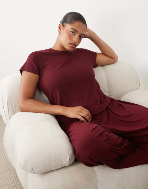 ASOS DESIGN Curve lounge ribbed mix & Match pyjamas in fig - view 1