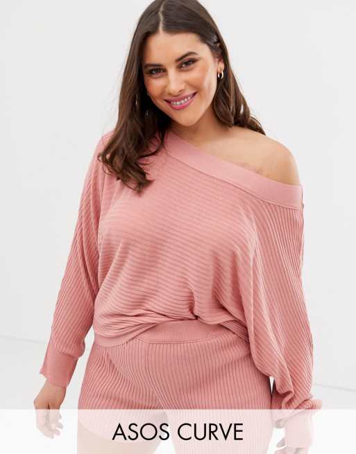 ASOS DESIGN Curve lounge ribstrikket offshoulder sweatshirt - sæt, 2 af 3