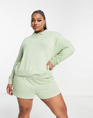 ASOS Curve ASOS DESIGN Curve lounge super soft collared long sleeve top & short set in sage-Neutral