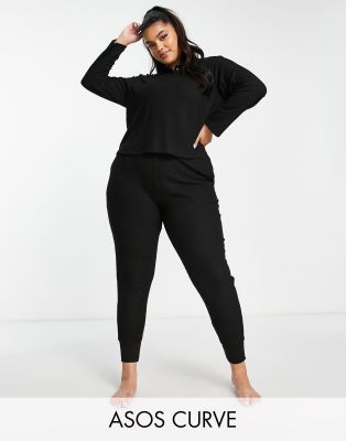 ASOS DESIGN Curve lounge super soft collared top & jogger set in black