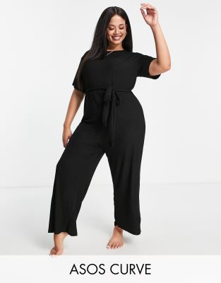 ASOS DESIGN Curve lounge super soft rib jumpsuit in black