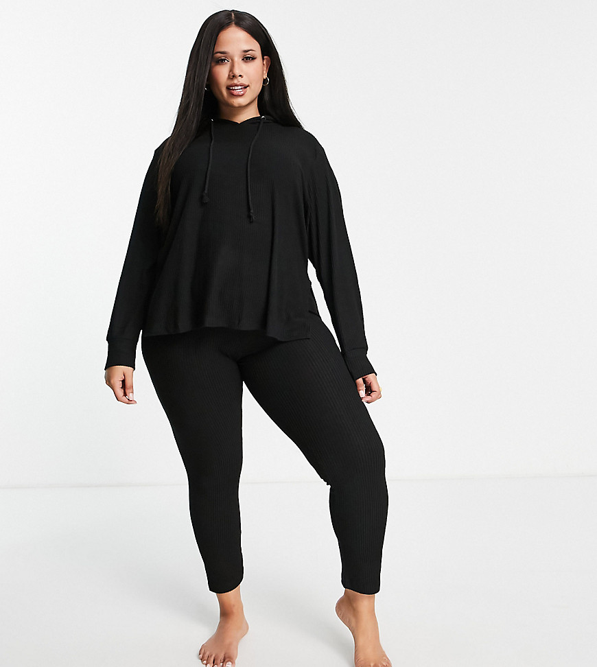 ASOS DESIGN Curve lounge super soft rib oversized hoodie with slits & leggings set in black