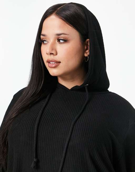 ASOS DESIGN Curve lounge super soft rib oversized hoodie with slits & leggings set in black, 3 of 4