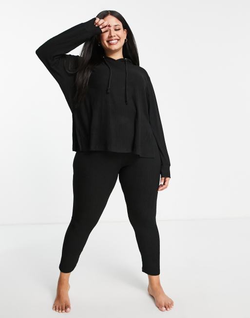 ASOS DESIGN Curve lounge super soft rib oversized hoodie with splits & legging set in black, 4 of 4