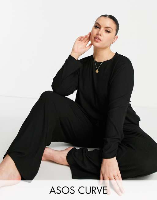 ASOS DESIGN Curve lounge super soft rib sweat wide leg trouser set in black