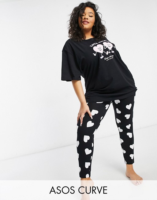 ASOS DESIGN Curve love chain oversized tee & legging pyjama set in black