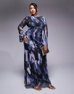 ASOS DESIGN Curve low back floral mesh maxi dress with angel sleeves in blue abstract print-Multi