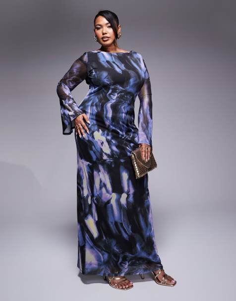 ASOS DESIGN Curve low back floral mesh maxi dress with angel sleeves in blue abstract print - view 1