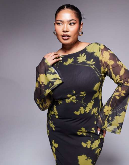 ASOS DESIGN Curve low back floral mesh maxi dress with angel sleeves in green and black ASOS