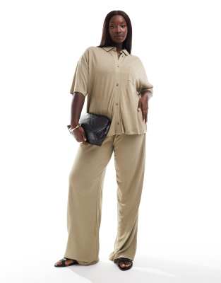 ASOS DESIGN Curve low rise linen look trouser in taupe-Neutral