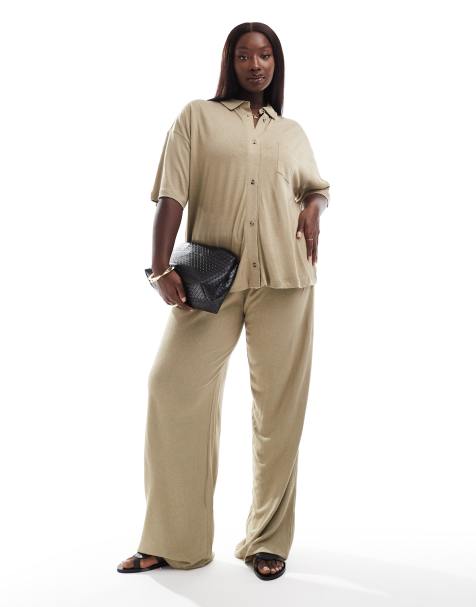 ASOS DESIGN Curve low rise linen look trouser in taupe - view 1