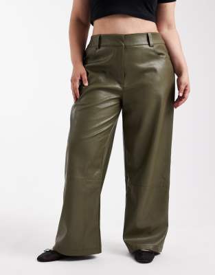 Asos Curve Asos Design Curve Low Rise Menswear Inspired Faux Leather Pants In Green