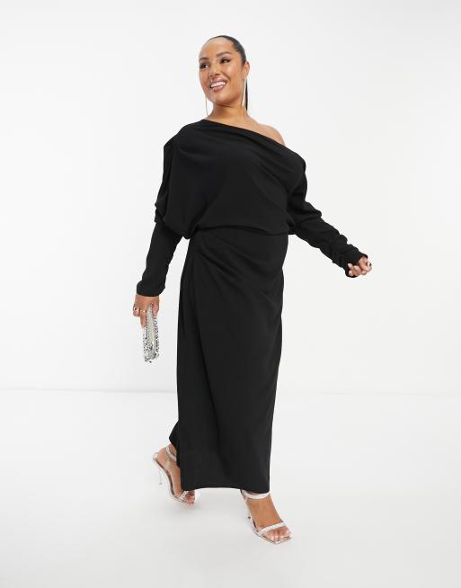 ASOS DESIGN Curve - Løstsiddende og sort midikjole med falden skulder, 4 af 4