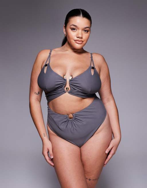 ASOS DESIGN Curve - Lucie - Grå badedragt med dyb udskæring og udskærings- og resindetaljer, 4 af 4