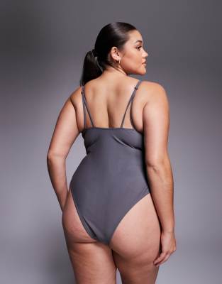 Asos Curve Asos Design Curve Lucie Plunge Swimsuit With Cut Out And Resin Trim In Gray