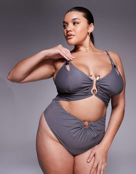 ASOS DESIGN Curve Lucie plunge swimsuit with cut out and resin trim in grey - view 1